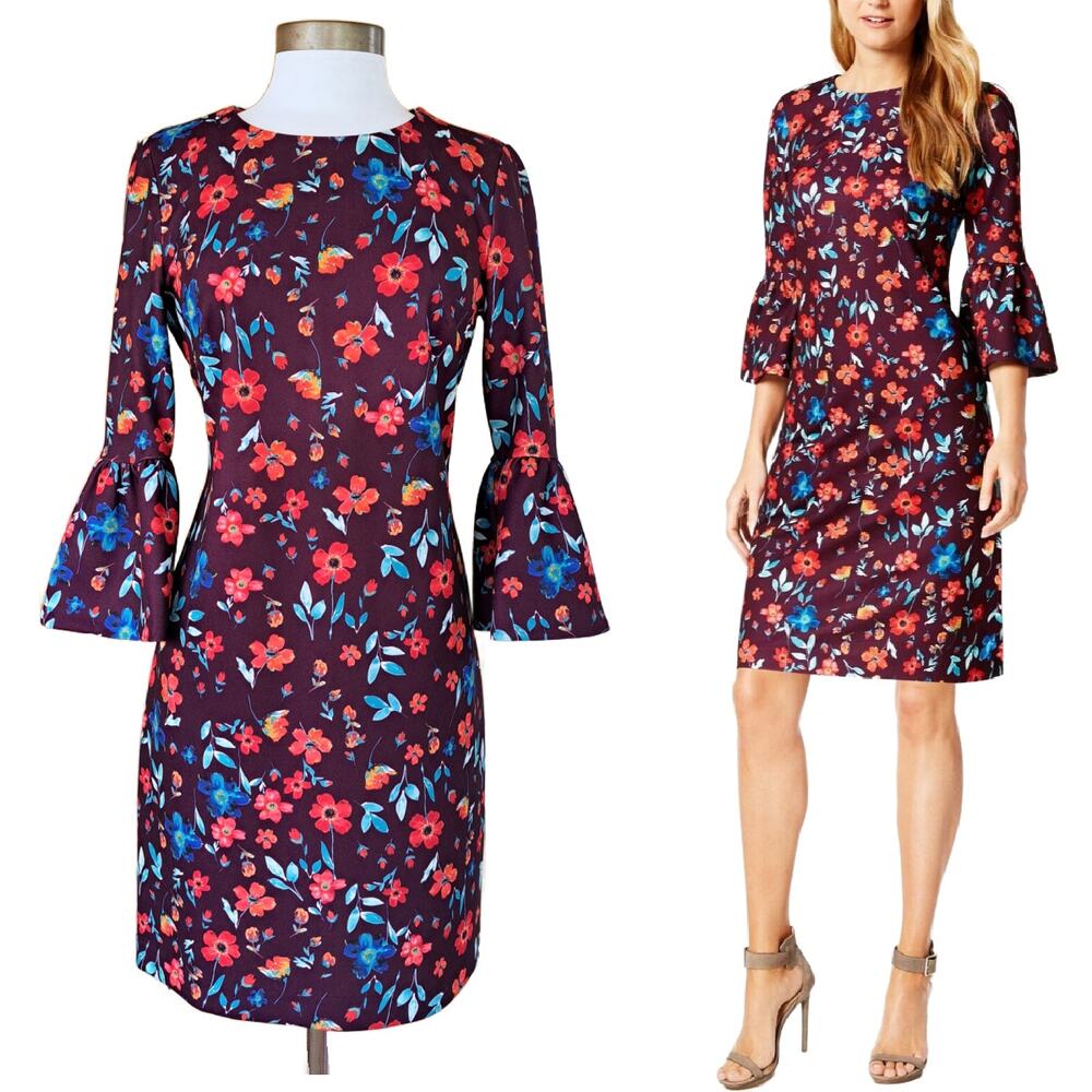 CALVIN KLEIN Floral Printed Bell Sleeve Sheath Dress Size  8 Burgundy